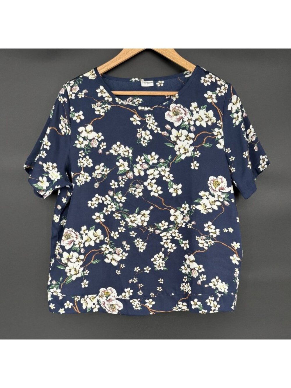 Jacqueline de Yong ONLY Womens Floral Blouse 40 Navy Short Sleeve Cherry Blossom
